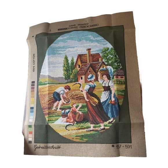 Tapex Vienna Needlepoint Kit Vintage Farm Women Children Grain Cutting 16"x20" - Picture 1 of 10